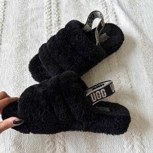 UGG Black Fluffy Slide Sandals